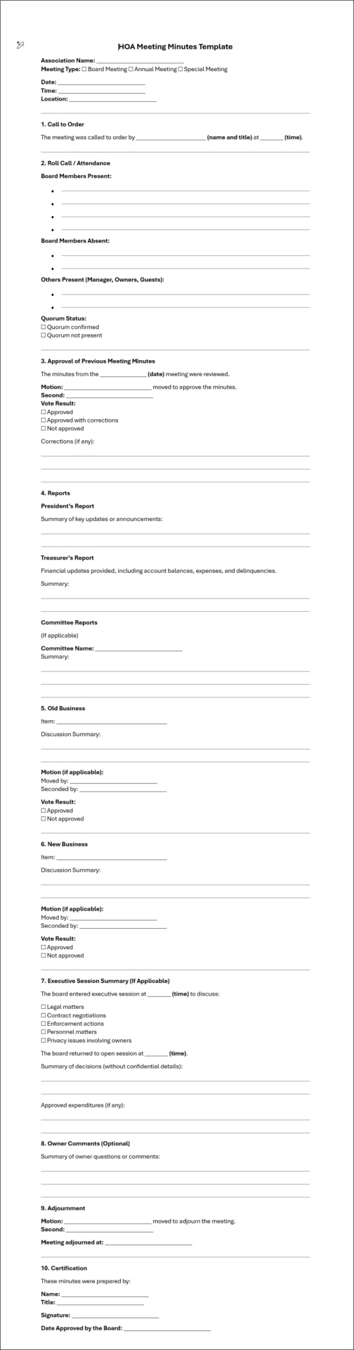 hoa meeting minutes template